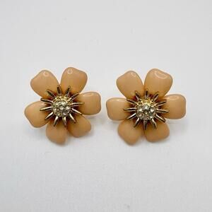 Light Pink Large Flower Faux Diamond Stud Earrings 1”  Gold Tone Jewelry Gift